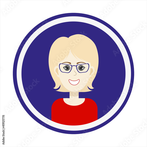 Female avatar. Cute woman’s portrait on blue background. Smiling girl face with blond hair, grey eyes and glasses. Isolated vector illustration.