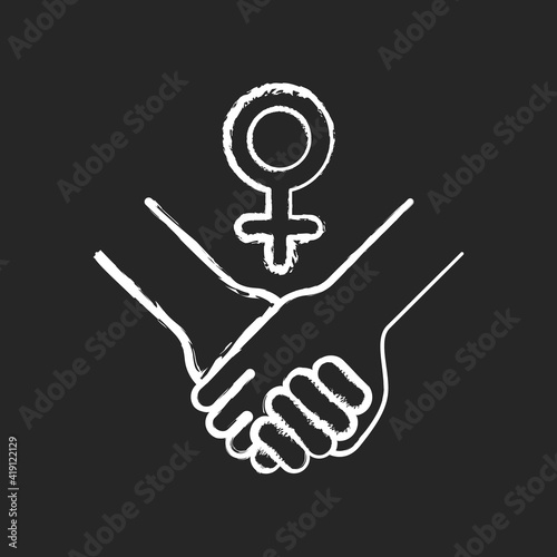 Girl power chalk white icon on black background. Struggle for women rights. Women cooperation. Motivation quote. Woman empowerment movement. Isolated vector chalkboard illustration