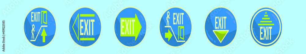 set of emergency exit oval cartoon icon design template with various models. vector illustration isolated on blue background set of emergency exit oval cartoon icon design template with various models. vector illustration isolated on blue background