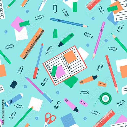 Stationery seamless pattern for school subjects. Stationery - pens, pencils, scissors, glue, felt-tip pens, notepads are scattered on the table. Flat vector illustration.
