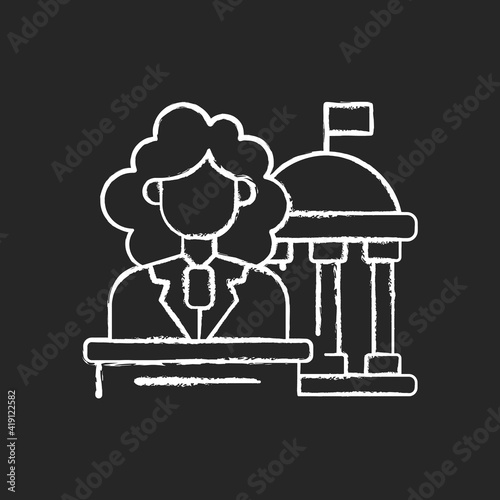 Women in government chalk white icon on black background. Equal access to power. Social movements for the equalization of the rights of women and men. Isolated vector chalkboard illustration