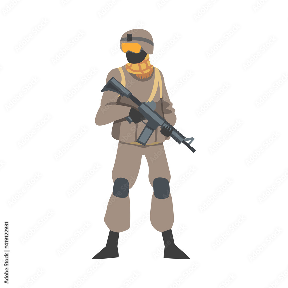 Man as Military Special Armed Force in Uniform and Rifle in Standing Pose Vector Illustration Man as Military Special Armed Force in Uniform and Rifle in Standing Pose Vector Illustration