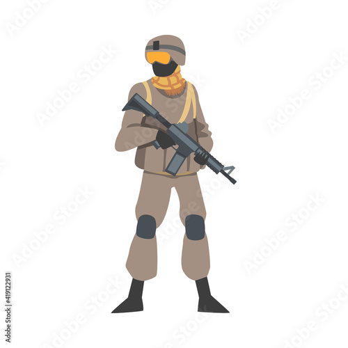 Man as Military Special Armed Force in Uniform and Rifle in Standing Pose Vector Illustration