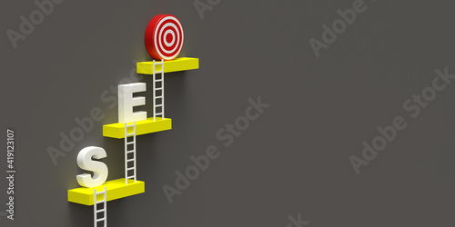 Be different, efficient climbing ladder concept: 3d rendering in 2021 colors. Goals in creative leadership and teamwork in website traffic. SEO target. Search Engine Optimization photo