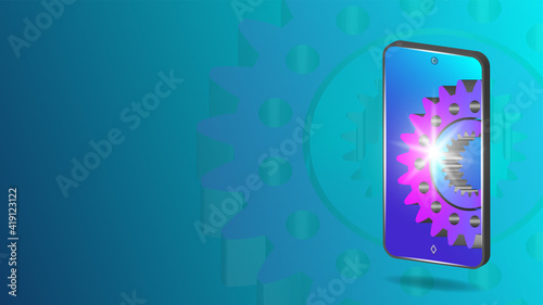 Sample technical poster. 3d smartphone with a color gear on the screen. Bright rays and shadows