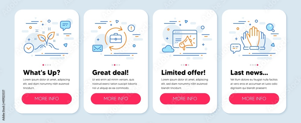 Set of Business icons, such as Seo marketing, Human resources, Startup concept symbols. Mobile screen mockup banners. Vote line icons. Megaphone, Job recruitment, Launch project. Voting hands. Vector