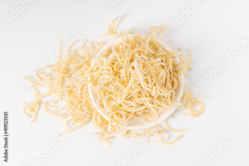 Dried spaghetti fish on pure white background