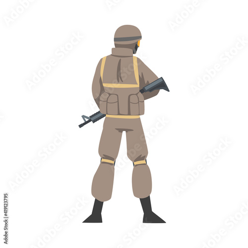 Man as Military Special Armed Force in Uniform and Rifle in Standing Pose Vector Illustration