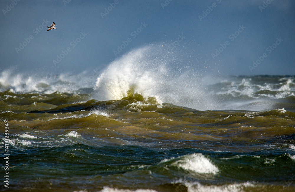 Obraz premium Storm clouds above the Baltic sea in winter. Dramatic sky, waves and water splashes. Dark seascape. Latvia.