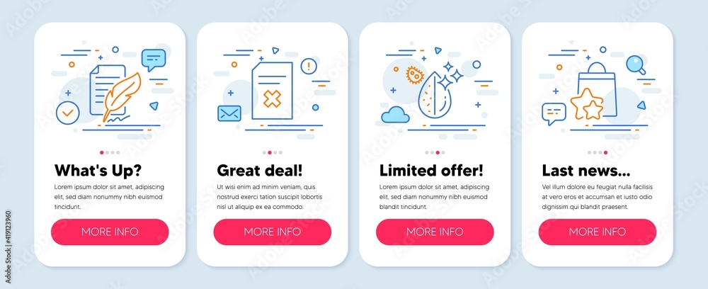 Set of Business icons, such as Feather signature, Dirty water, Delete file symbols. Mobile app mockup banners. Loyalty points line icons. Feedback, Aqua drop, Remove document. Bonus bags. Vector
