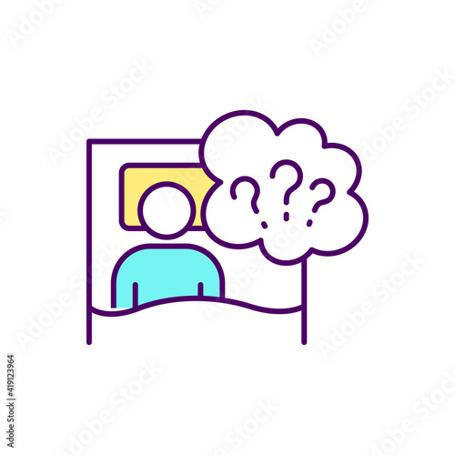 Sleep problems RGB color icon. Stay asleep. Cognitive behavior for chronic insomnia. Sleep medication prescriptions. Coronasomnia. Pandemic and coronavirus. Isolated vector illustration