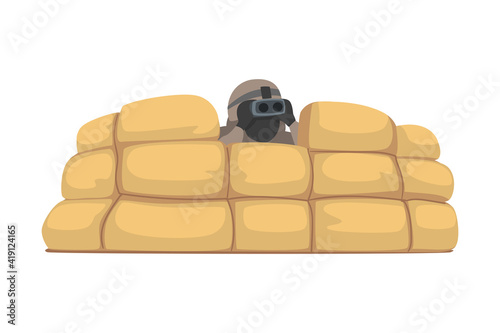 Man as Military Special Armed Force in Uniform Looking in Binocular Watching Enemy Vector Illustration