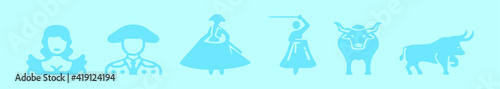 set of bullfighter cartoon icon design template with various models. vector illustration isolated on blue background