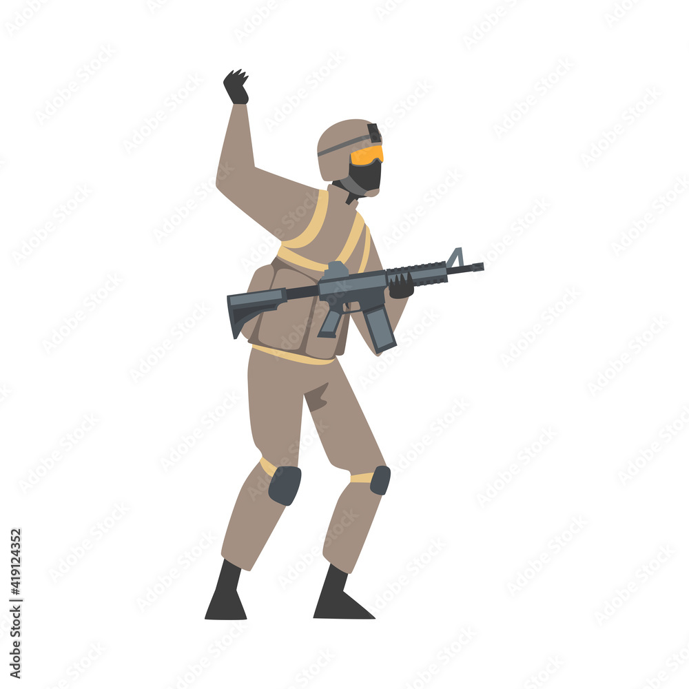 Man as Military Special Armed Force in Uniform and Rifle Waving Hand Vector Illustration Man as Military Special Armed Force in Uniform and Rifle Waving Hand Vector Illustration