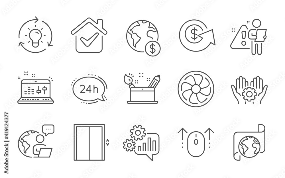 Global business, Cogwheel and Employee hand line icons set. Dollar exchange, Swipe up and 24h service signs. Lift, Sound check and Idea symbols. Line icons set. Vector Global business, Cogwheel and Employee hand line icons set. Dollar exchange, Swipe up and 24h service signs. Lift, Sound check and Idea symbols. Line icons set. Vector