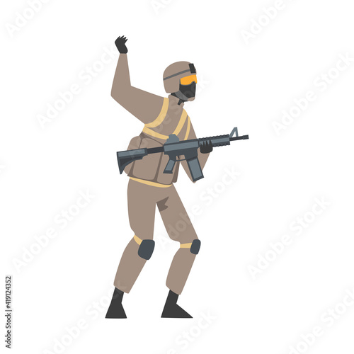Man as Military Special Armed Force in Uniform and Rifle Waving Hand Vector Illustration