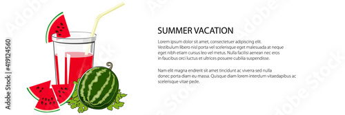 Glass of fresh berry fruit juice of watermelon and a straw , summer banner, refreshing drink with watermelon slices, vector illustration
