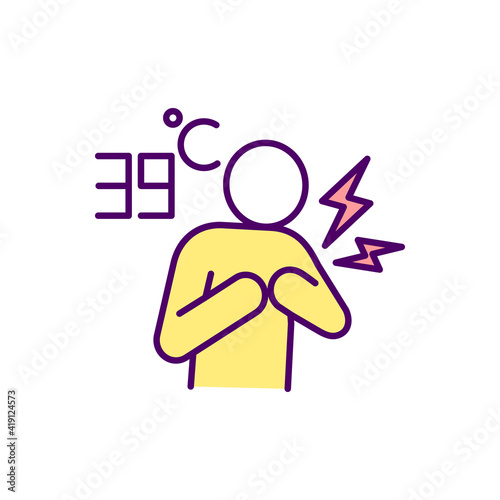 hest pain and elevated fever RGB color icon. Symptoms of infection disease. Exposure to coronavirus. Cough and loss of taste and smell. Shortness of breath. Isolated vector illustration