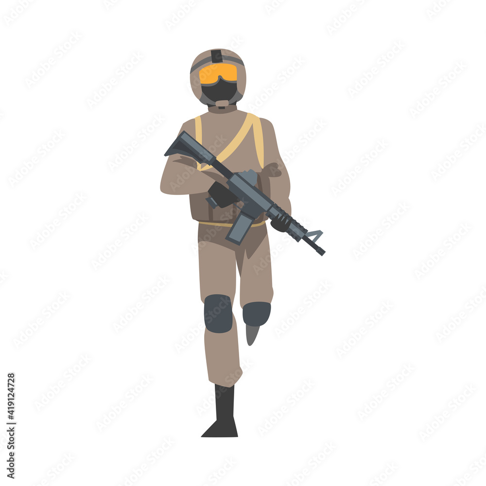 Man as Military Special Armed Force in Uniform and Rifle in Walking Pose Vector Illustration Man as Military Special Armed Force in Uniform and Rifle in Walking Pose Vector Illustration