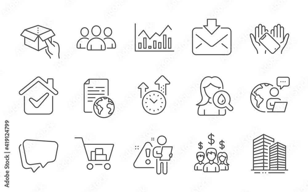 Group, Internet document and Hold box line icons set. Moisturizing cream, Internet shopping and Skyscraper buildings signs. Salary employees, Infochart and Smartphone holding symbols. Vector Group, Internet document and Hold box line icons set. Moisturizing cream, Internet shopping and Skyscraper buildings signs. Salary employees, Infochart and Smartphone holding symbols. Vector