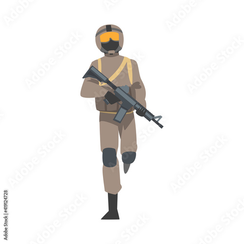 Man as Military Special Armed Force in Uniform and Rifle in Walking Pose Vector Illustration