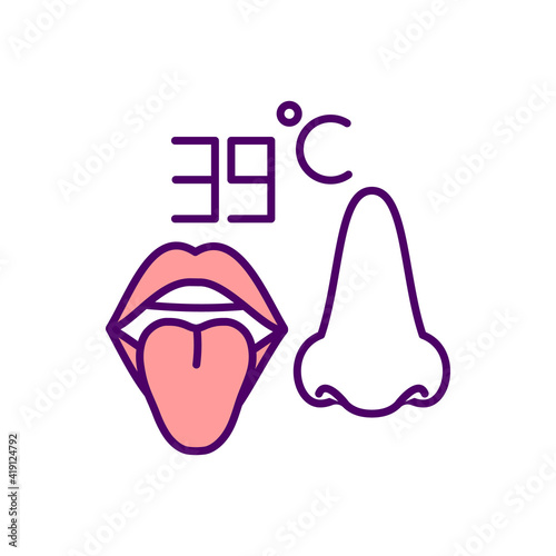 Smell and taste loss and elevated fever RGB color icon. Symptoms of covid-19. Influence of coronavirus. Problems with health. Prevention and treatment. Isolated vector illustration