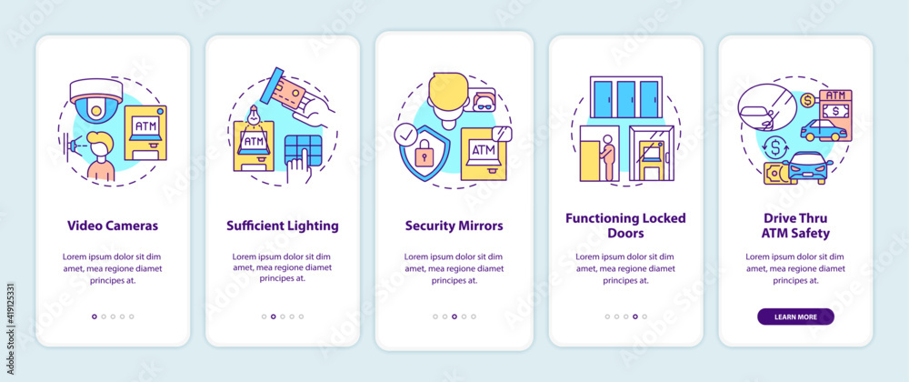 ATM safety tips onboarding mobile app page screen with concepts. Safe surroundings and surveillance cameras walkthrough 5 steps graphic instructions. UI vector template with RGB color illustrations