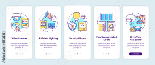 ATM safety tips onboarding mobile app page screen with concepts. Safe surroundings and surveillance cameras walkthrough 5 steps graphic instructions. UI vector template with RGB color illustrations