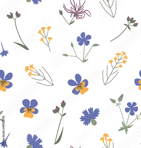 Floral vector seamless pattern with meadow wild flowers, plants and herbs. Hand drawn illustration isolated on white background. For wrapping, fabric, wallpaper. © Olga Miraniuk