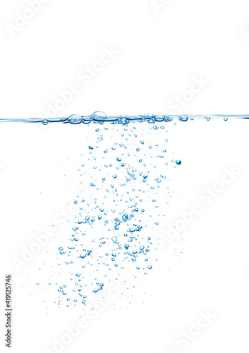 Water line with bubbles under surface against white background.