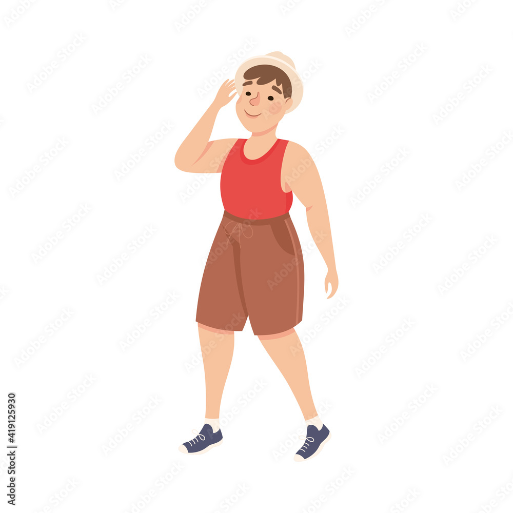 Plus Size Man Character in Shorts Walking and Smiling Vector Illustration Plus Size Man Character in Shorts Walking and Smiling Vector Illustration