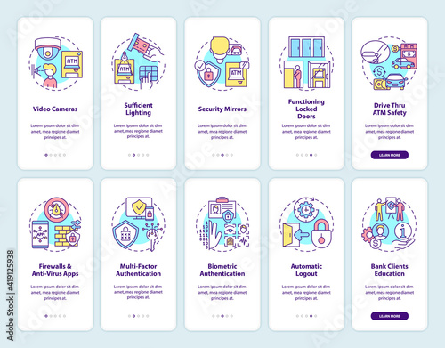 Banking security onboarding mobile app page screen with concepts set. Safety and biometric walkthrough 5 steps graphic instructions. UI vector template with RGB color illustrations
