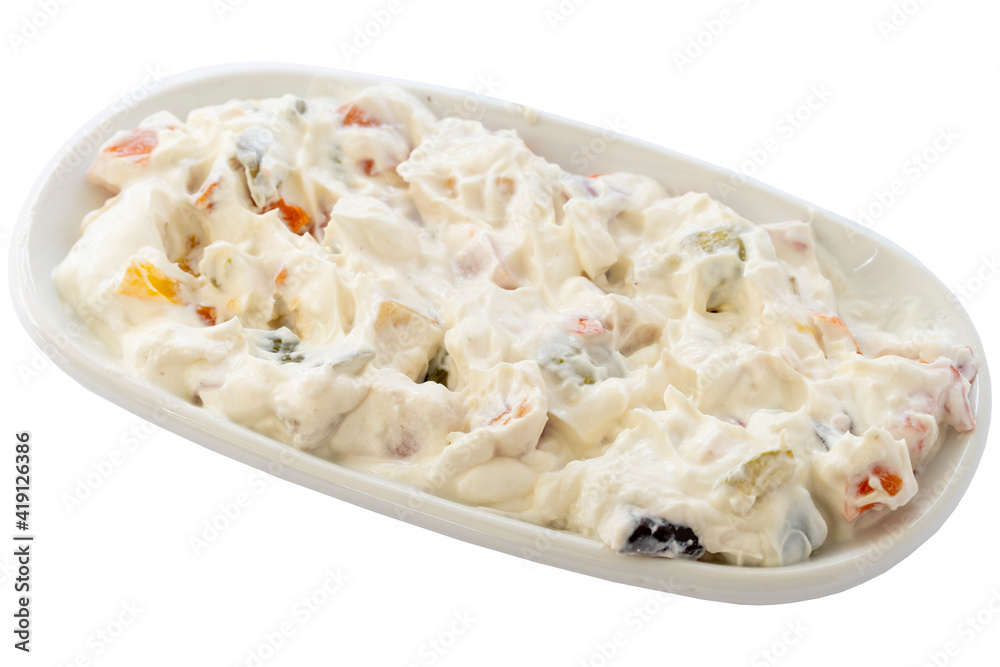 Potato yogurt ponço appetizer (mezze) isolated on a white background. Healthy vegan food. Local name panço meze Potato yogurt ponço appetizer (mezze) isolated on a white background. Healthy vegan food. Local name panço meze