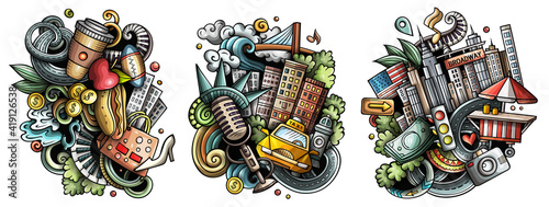New York cartoon vector doodle designs set.