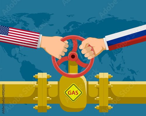 Hands holding a valve. Gas pipeline Nord Stream.