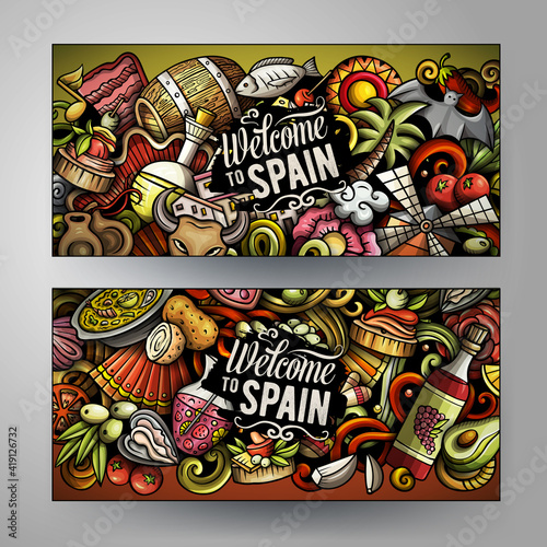Cartoon cute colorful vector doodles Spain banners