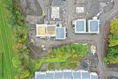 House development construction site in progress aerial view
