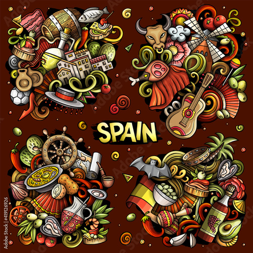 Spain cartoon vector doodle designs set.