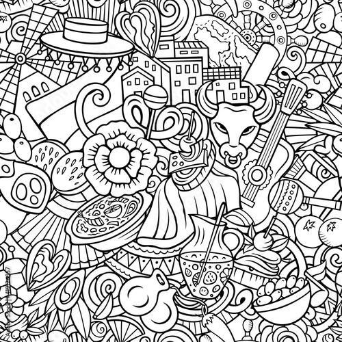 Cartoon doodles Spain seamless pattern. Backdrop with Spanish culture items