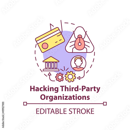 Hacking third-party organizations concept icon. Cybercriminal idea thin line illustration. Threat of robbery and theft of personal data. Vector isolated outline RGB color drawing. Editable stroke