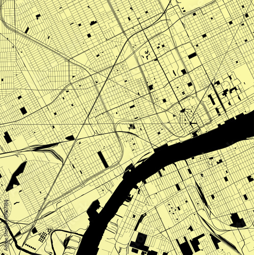 Detroit, Michigan, United States (USA) - Urban vector city map with parks, rail and roads, highways, minimalist town plan design poster, city center, downtown, transit network, street blueprint