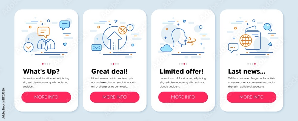 Set of line icons, such as Support service, Loan percent, Breathing exercise symbols. Mobile screen app banners. Travel passport line icons. Human talking, Growth rate, Breath. Trip document. Vector