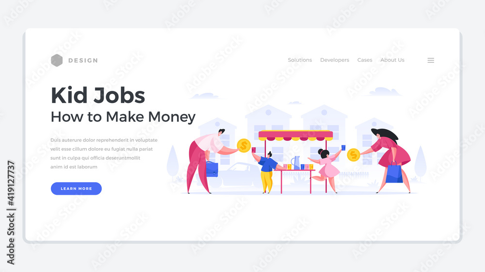Kid cash part time landing page template. Child characters sell lemonade from street stand to adults.