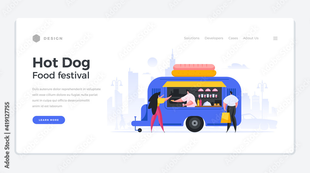 Fast food festival landing page template. Male character makes hot dogs to customers in blue van on wheels. Fast food festival landing page template. Male character makes hot dogs to customers in blue van on wheels.