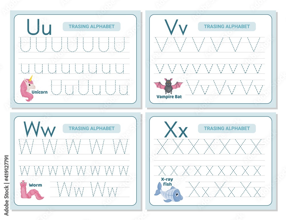 Alphabet tracing practice Letter U, V, W, X. Tracing practice worksheet