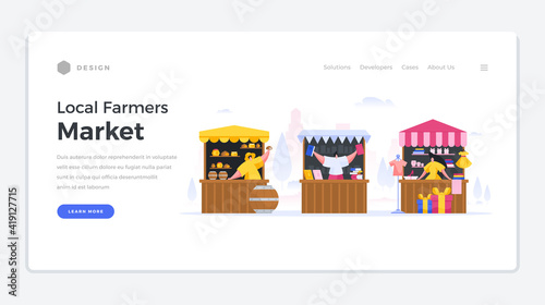 Local farm markets home page banner. Characters in street stalls sell eco honey with textiles and fresh vegetables and fruits.