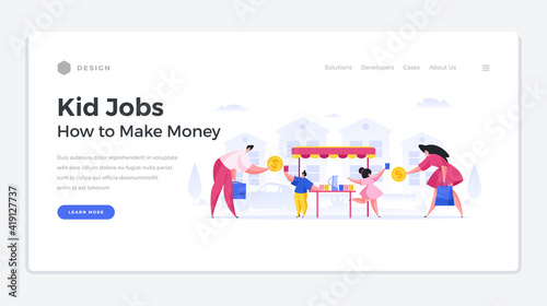 Kid cash part time landing page template. Child characters sell lemonade from street stand to adults.