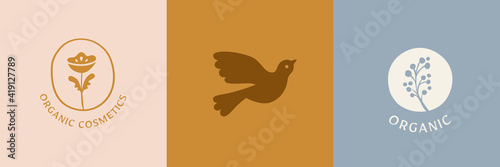 Vector illustration in simple hand drawn and linocut style - natural print, poster or logo design template - spring illustration - birds and flowers