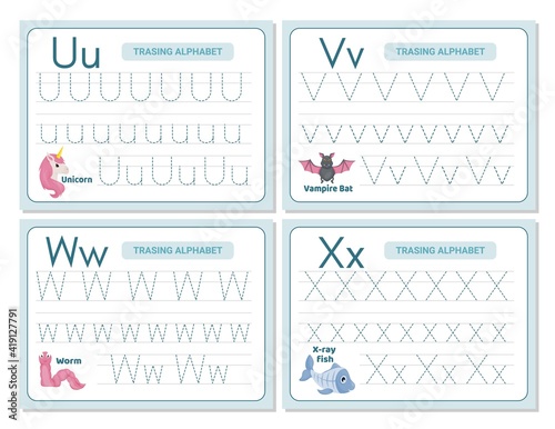 Alphabet tracing practice Letter U, V, W, X. Tracing practice worksheet. Learning alphabet activity page.