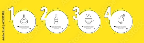 Cognac bottle, Cafe creme and Wine line icons set. Timeline process infograph. Ice cream sign. Brandy alcohol, Hot coffee, Merlot bottle. Sundae cone. Food and drink set. Vector